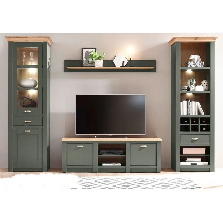 Furn. Design Wohnwand Norwich, (Wohnkombination 4-teilig, dunkelgrün mit Wotan Eiche, 308x207 cm), Landhausstil – Bild 2