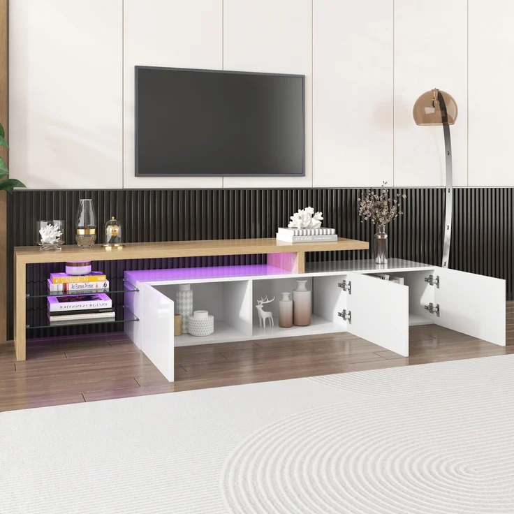 TV-Lowboard, MDF/Glas mit LED-Lichtstreifen & Glasböden, 197,5x39x42 cm, Natur/Weiß – Bild 6