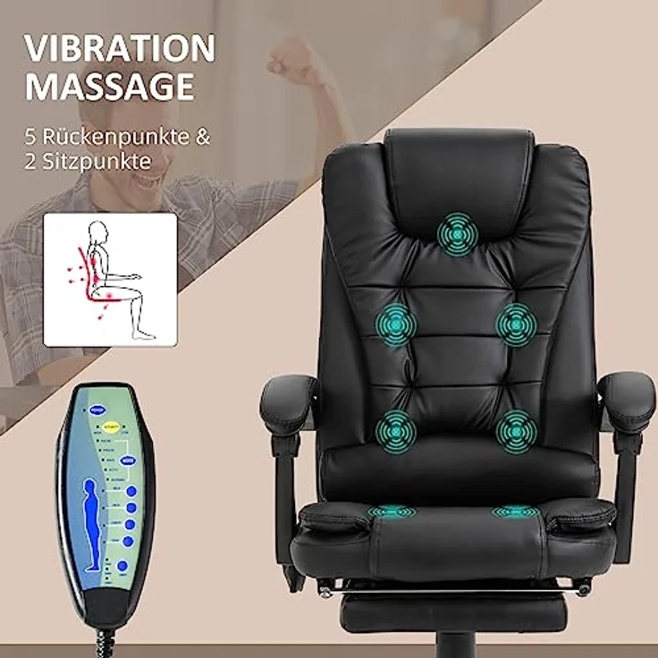 Vinsetto Massagesessel mit 7-Punkt-Massage, integrierter Fußstütze und verstellbarer Rückenlehne, schwarz – Bild 4