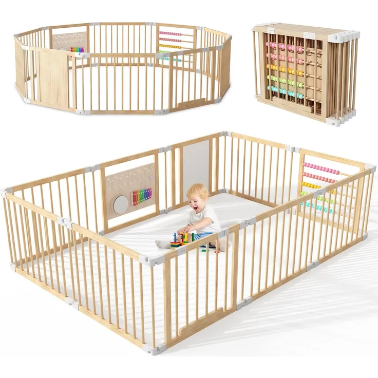 Laufstall Baby Holz mit Spielcenter – 240x160x61cm Verstellbare Größe & Form Laufgitter, Faltbarer Laufstall aus Holz, Spielzaun mit Tor für Babys und Kleinkinder(10 Stück)