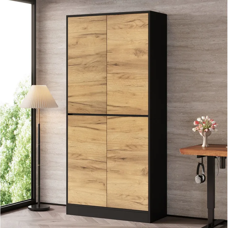 Aktenschrank 80 x 35 x 180 cm in Schwarz und Eichenoptik mit verstellbaren Einlegeböden