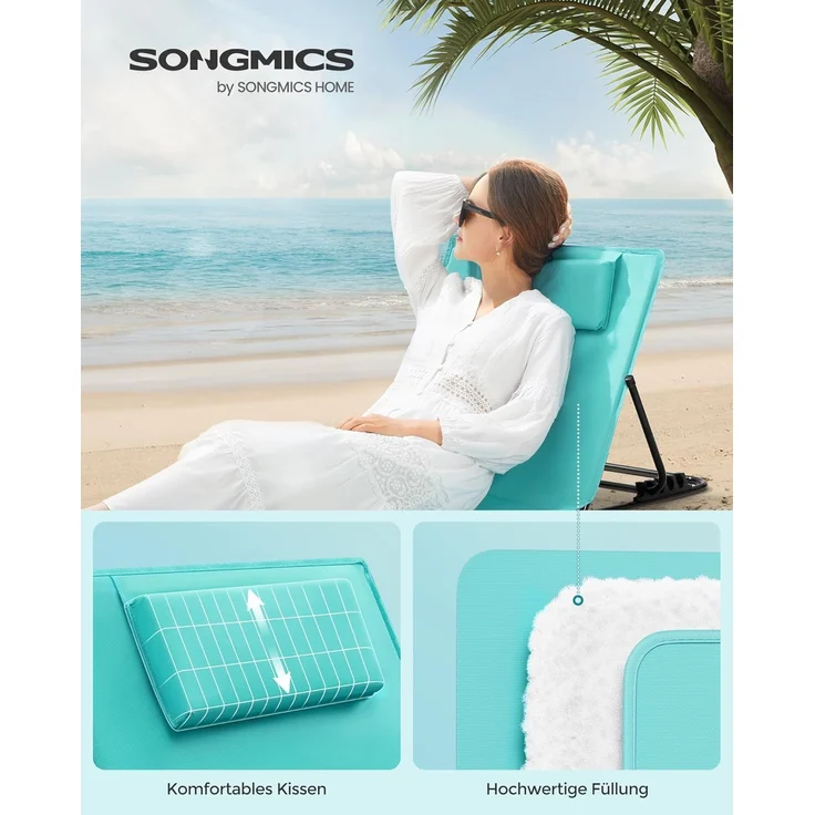 Songmics Strandstuhl, Campingstuhl, Sonnenliege, Strandliege, klappbar, verstellbare Rückenlehne, leicht tragbar mit Griff, für Camping, Garten, Pool, 158x55 cm, seeblau GCB151C01 – Bild 3