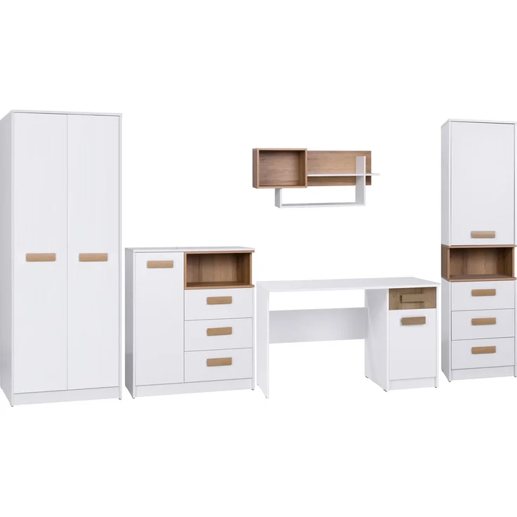 Marmex Möbel Grant Set-T Jugendzimmer Komplett-Set 5-teilig mit Kleiderschrank, Kommode, Schreibtisch, geschlossenes Regal, Wandregal, Kinderzimmermöbel mit Schreibtisch, laminierte Spanplatte, Kleiderstange, weiß+riviera Eiche, 449x195x55 cm – Bild 1