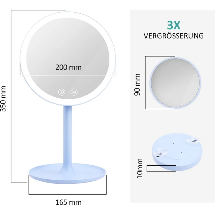 EMKE Kosmetikspiegel mit beleuchtung Wiederaufladbarer Schminkspiegel, LED Kosmetikspiegel mit 3 Lichtfarben, 1/3x Vergrößerung, 90°Schwenkbar, Touchschalter und Memory-Funktion(Hellblau) – Bild 5
