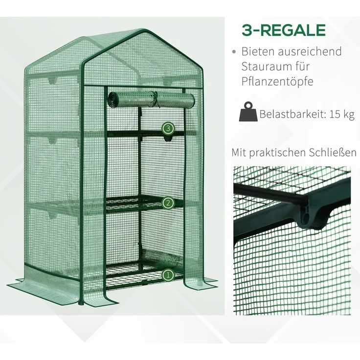 Mini-Gewächshaus Anzuchtgewächshaus mit Folienabdeckung und 3 Regalböden Regale Rolltür Gemüsebeet--Grün--125x49x69cm--YOUDENOVA – Bild 8