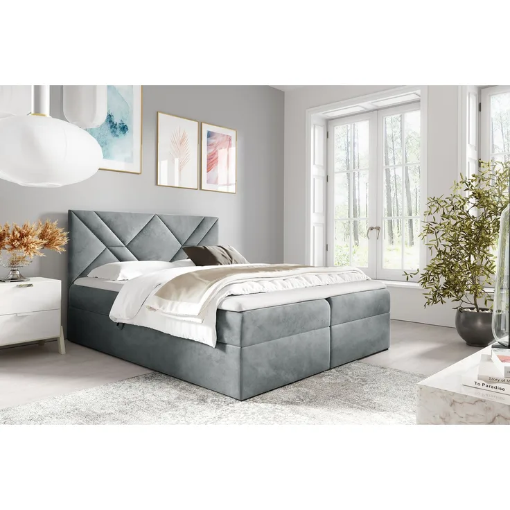 MEBLINI Boxspringbett BARDO 200x200 cm mit Bettkasten – H4/Hellgrau Samt Polsterbett - Gepolstert Doppelbett mit Matratze und Topper - Polsterbett mit Stauraum - Bett mit Kopfteil – Stauraumbett