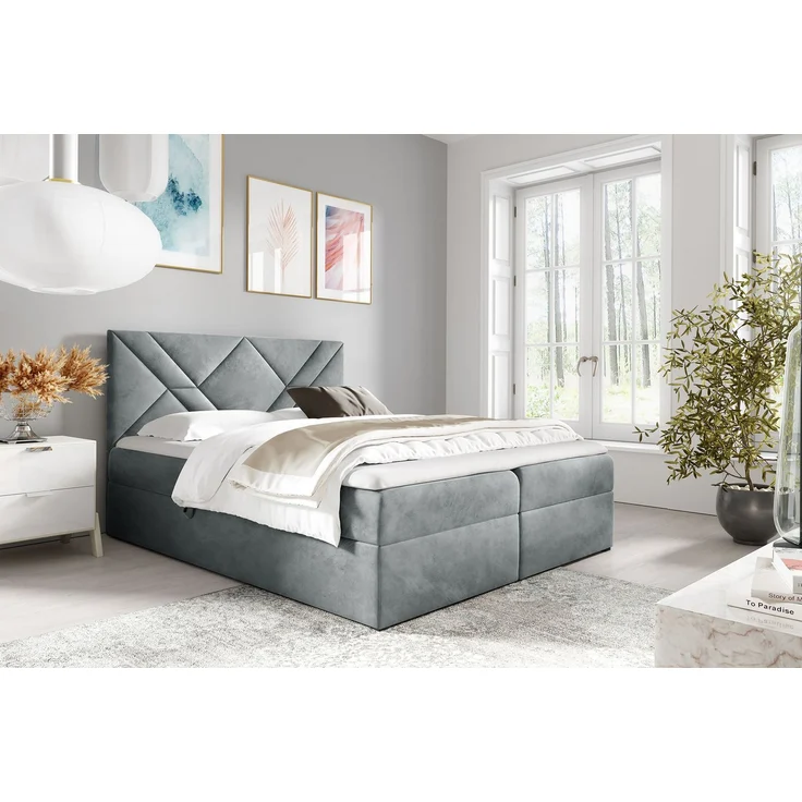 MEBLINI Boxspringbett BARDO 200x200 cm mit Bettkasten – H4/Hellgrau Samt Polsterbett - Gepolstert Doppelbett mit Matratze und Topper - Polsterbett mit Stauraum - Bett mit Kopfteil – Stauraumbett – Bild 1