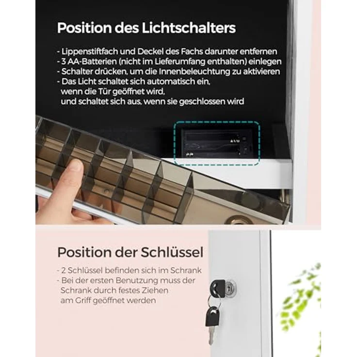 SONGMICS Schmuckschrank, Spiegelschrank, mit rahmenlosem Ganzkörperspiegel, LED-Beleuchtung, Innenspiegel, 2 Schubladen, abschließbar, wolkenweiß JJC023W01 – Bild 8