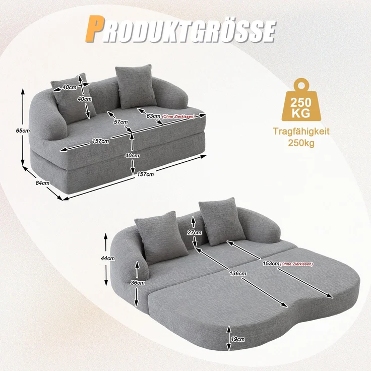 ZUBALIYA Schlafsofa 84x65 cm, mit LED - Beleuchtung, mit Chenille - Bezug, modular aufgebaut, mit Schaumstoffpolsterung, Hellgrau – Bild 6