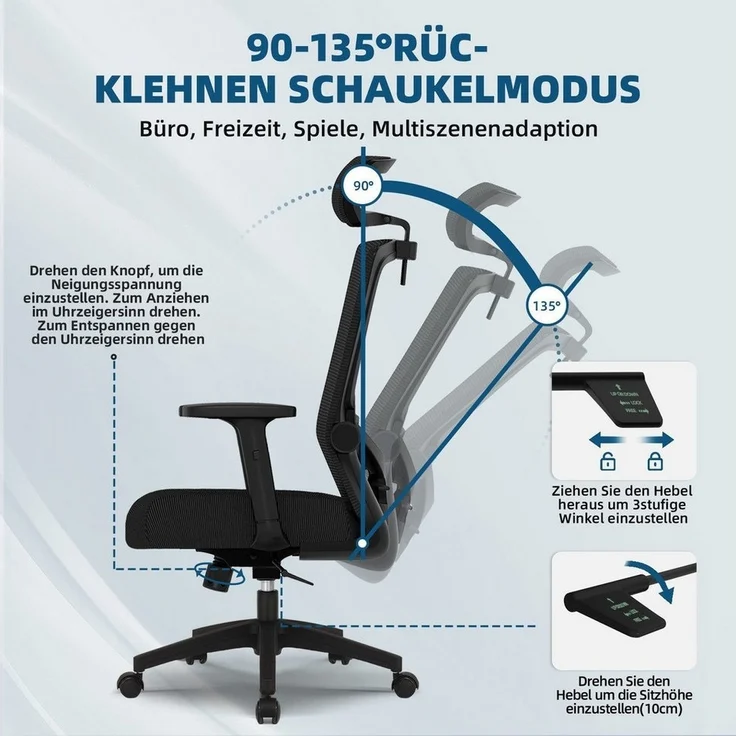 Hiazurm Bürostuhl Bürostuhl ergonomisch, Chefsessel, Atmungsaktiv Mesh Schreibtischstuhl (5D Memory-Schaum Lendenstütze, Wippfunktion bis 135°, Bis 155kg Belastbar, Verstellbarer Lendenwirbelstütze), Höhenverstellbarer Drehstuhl, Schwarz – Bild 3