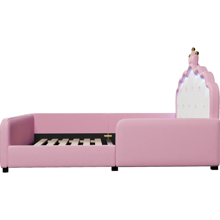 Polsterbett, 140x190 cm, Ohne Matratze, Mit LED-Lichtleiste, Prinzessinnenbett in Kronenform, Sicherheitsgitter, PU, Rosa – Bild 10