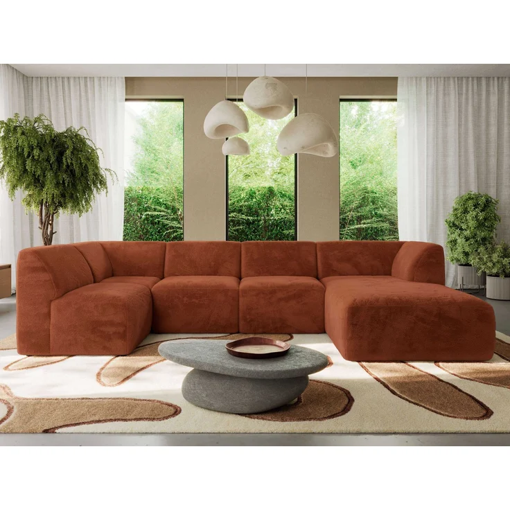 Modulares XXL-Ecksofa MODARO 5M, U-Form, Wohnlandschaft, 5-teilig, freistehend, Wohnzimmer Couch, HR-Schaumstoff - Orange Plüsch - Rechts – Bild 5