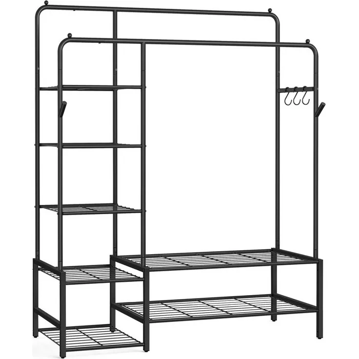 SONGMICS Kleiderständer, offener Kleiderschrank, Garderobenständer mit 7 Ablagen, Metallrahmen, Kleiderstange, schwarz