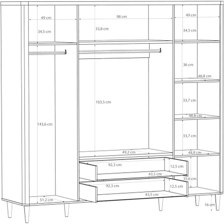 Forte LACETTI Kleiderschrank 200 210, eleganter Schrank mit Spiegel, 4-türig, 2 Schubladen, hohe Beine, Kaschmir-Beige-Valencia Eiche Holzdekor, 209,5 cm breit x 200,5 cm hoch x 52,7 cm tief – Bild 6