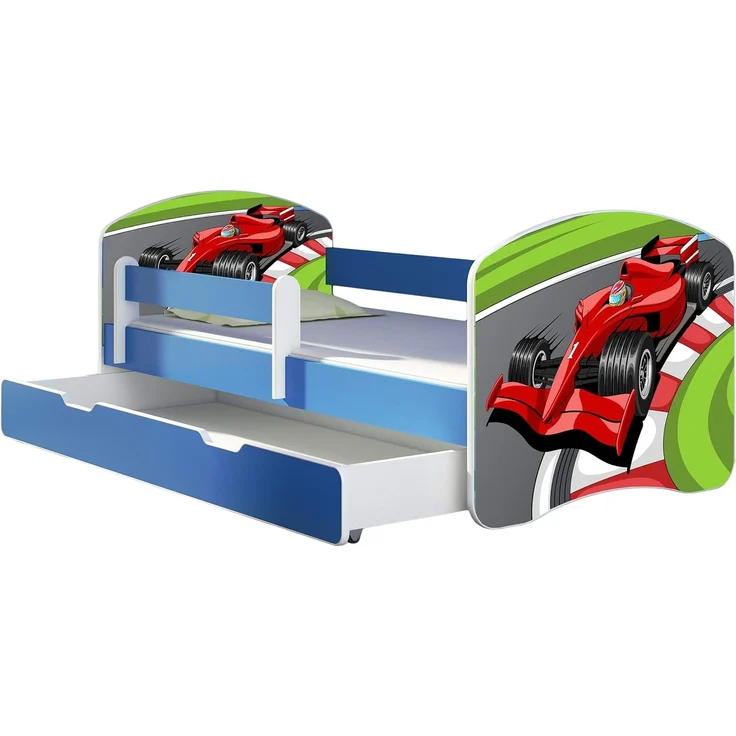 ACMA Kinderbett Jugendbett mit Einer Schublade und Matratze Blau mit Rausfallschutz Lattenrost II 140x70 160x80 180x80 (06 Formel 1, 180x80 + Bettkasten) – Bild 1