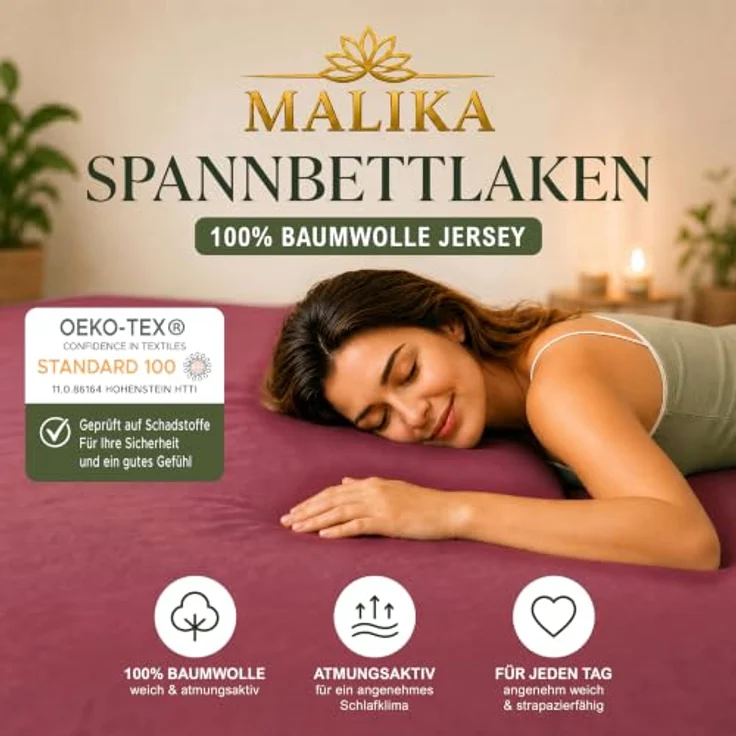 MALIKA® Spannbettlaken 120x200cm, Baumwolle Jersey mit faltenfreier Passform, Matratzenhöhe bis 28 cm, Oeko-Tex zertifiziert – Bild 2
