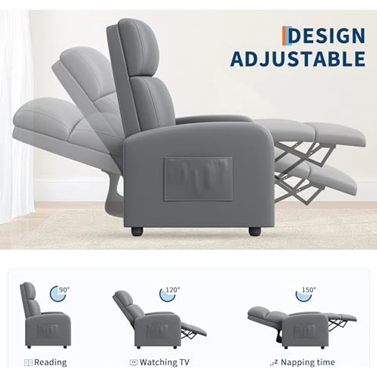 GarveeHome Relaxsessel Fernsehsessel Ruhesessel Liegesessel mit Liege-Funktion Polstersessel Leinen verstellbar Einzelliegesessel Wohnzimmer Schlafzimmer Heimkino (Grau) – Bild 4