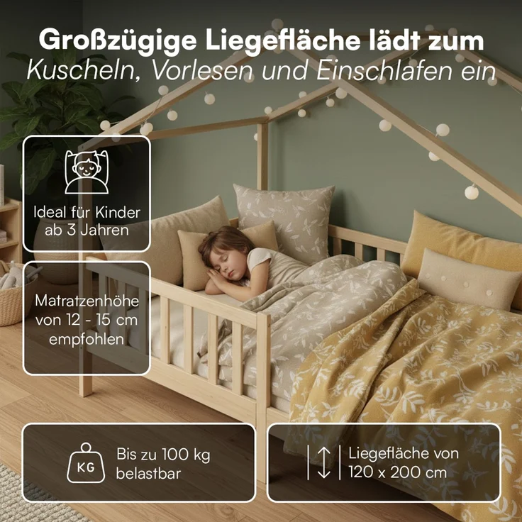 Bellabino 'Bia' Hausbett 120x200 cm mit Matratze, natur, Kiefer Massivholz, Montessori Kinderbett mit Rausfallschutz und Lattenrost – Bild 3