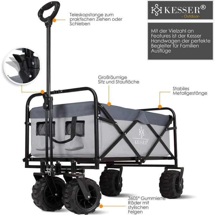 KESSER® Bollerwagen faltbar mit Breite Reifen Handwagen Transportkarre Gerätewagen | inkl. 2 Netztaschen | klappbar | Kunststoff-Reifen | bis 150 kg Tragkraft transportwagen Gartenanhänger Grau – Bild 2