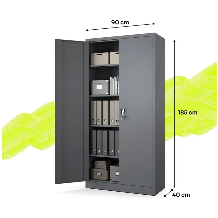 Muralo Aktenschrank Metallschrank für Dokumente, Doppeltür mit Schloss, ideal für Büro (1-St, 50 kg Traglast, 185×90×40 cm) Zwei Schlüssel, Doppeltür, passt 50 Ordner, 4 verstellbare Regale – Bild 3