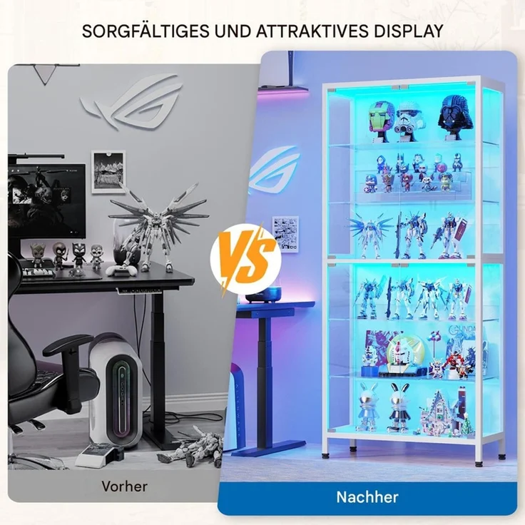 Glasvitrine 75x35x181 cm, 6-stöckige Vitrine mit LED-Beleuchtung, verstellbaren Glasböden und Sensor, Weiß – Bild 8