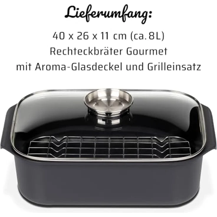 GSW Rechteckbräter Gourmet mit Aroma-Glasdeckel und Grilleinsatz, Aluguss, Induktionsfähig, Schwarz, ø ca. 40x26 x H 11cm – Bild 8