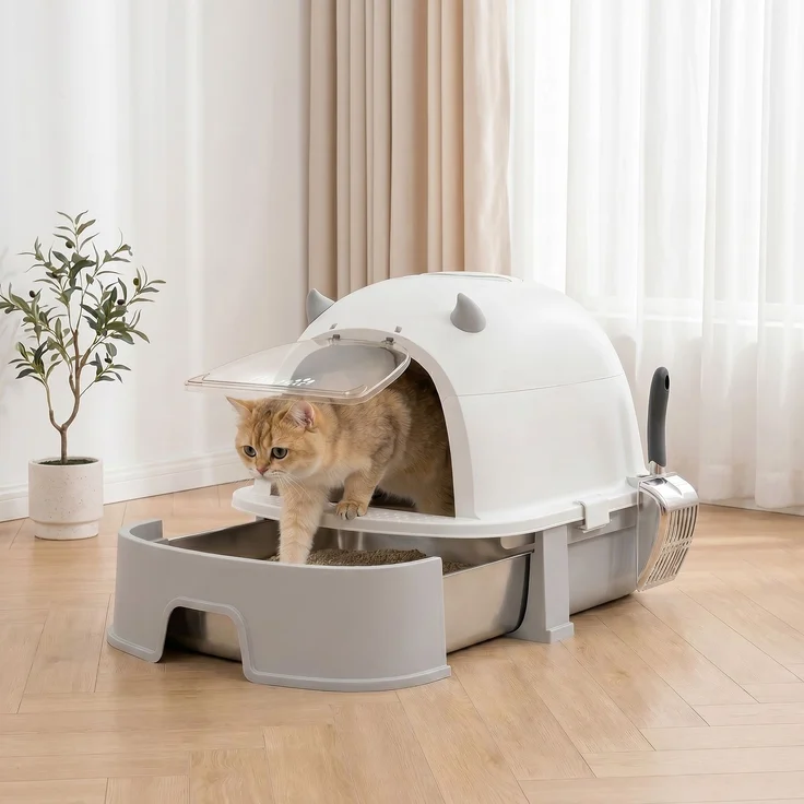 PawHut Katzentoilette, Edelstahl, Kunststoff, Grau, 52L x 42B x 39H cm – Bild 2