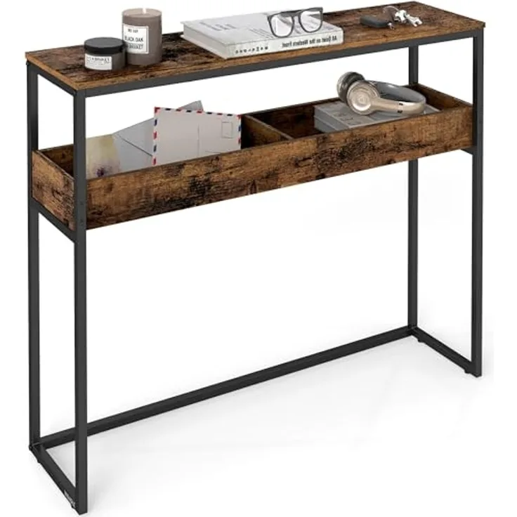 VASAGLE Konsolentisch, Beistelltisch, schmaler Flurtisch, 2 Ebenen mit halboffenen Fächern, 24 x 100 x 80 cm, für Flur, Wohnzimmer, vintagebraun-tintenschwarz