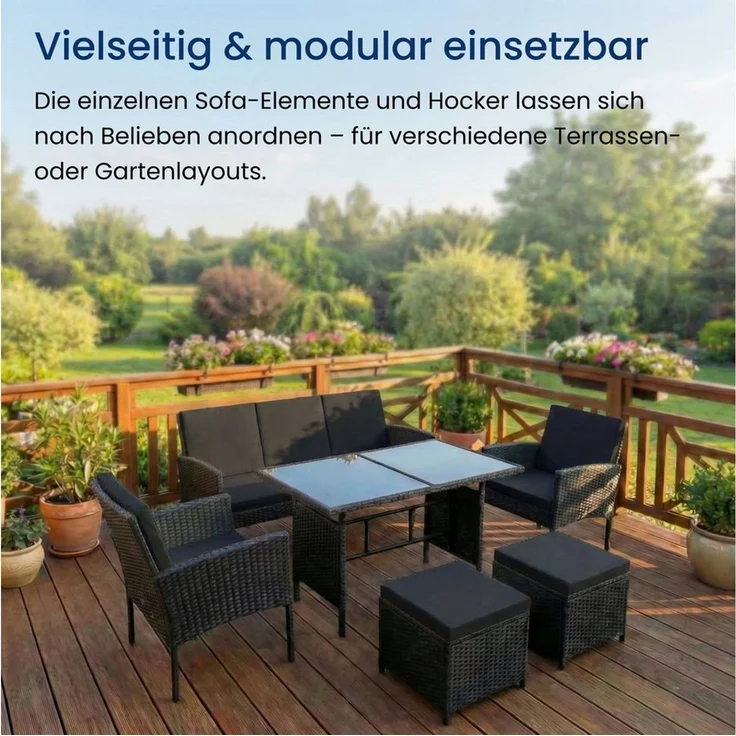 Home Collective Gartenlounge-Set Gartenmöbel Set 7-Sitzer Outdoor Sitzgruppe Möbel Lounge Polyrattan, (inkl. Esstisch mit gehärteter Glasplatte), 3-Sitzer Sofa, 2 Stühle, 2 Hocker Polyrattan Schwarz schwarze Kissen – Bild 3