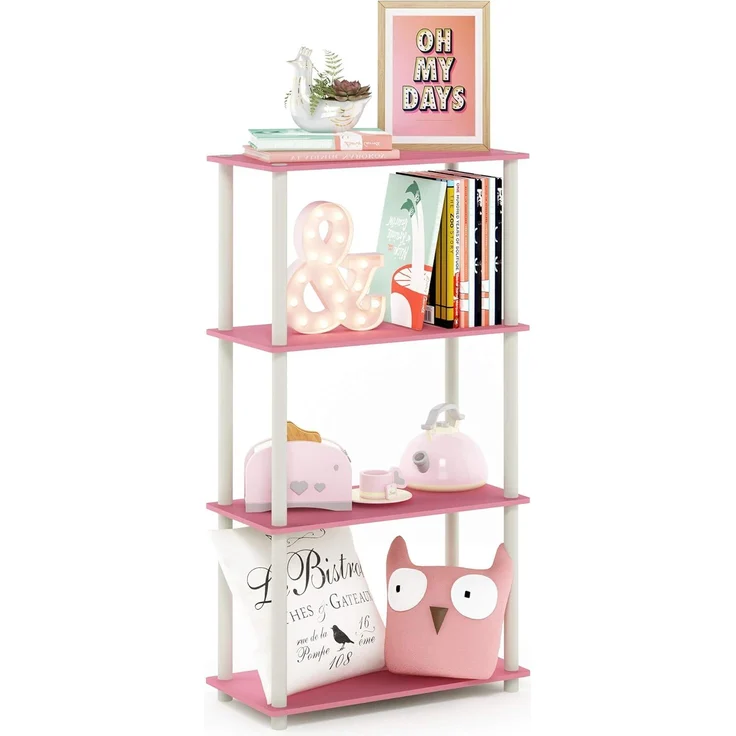 Furinno Regal mit 4 Ablageflächen, holz, Weiß/Rosa, 29. 46x29. 46x109. 85 cm – Bild 1
