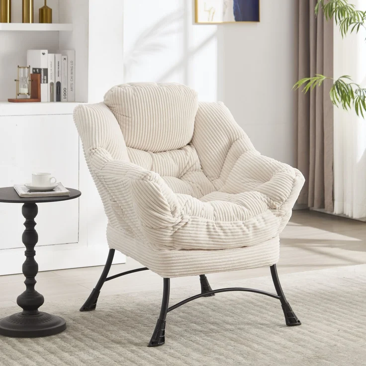 Flieks Loungesessel mit Hocker, ergonomischer Ohrensessel mit Stahlrahmen, weicher Cordstoff, Seitentasche, Beige – Bild 2