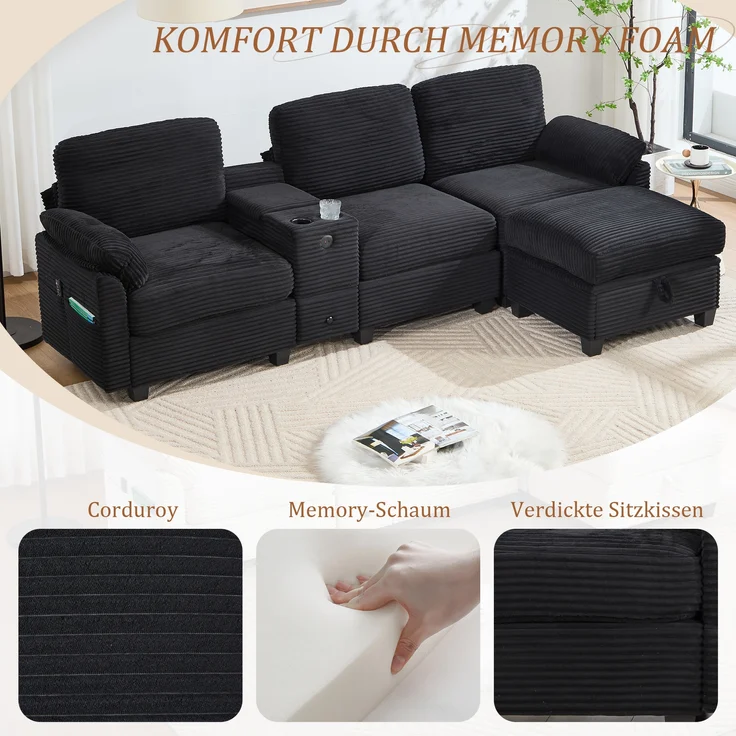 LVHOM 3-Sitzer Sofa mit Hocker, L-Form Ecksofa mit Stauraum, USB-C-Anschluss und 2 Getränkehaltern, modulares Sofa, Schwarz – Bild 9