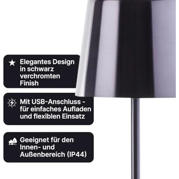 Brilliant Xaana LED-Tischlampe, Höhenverstellbar, touch dimmer stufenlos, IP44 spritzwassergeschützt, USB aufladbar, Schwarz verchromt, 37 cm hoch, für Innen- und Außenbereich – Bild 3