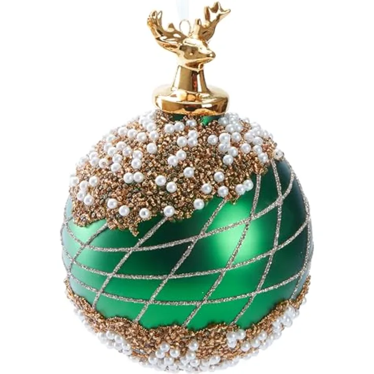 BRUBAKER Weihnachtsbaumkugel Premium Weihnachtskugel mit Porzellan Figur - Handdekorierte Baumkugel (1 St), 10 cm Christbaumschmuck aus Glas mit Perlen Dekorationen und Glitzer