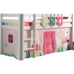 Spielbett Pino mit Textilset Vorhang und 3 Taschen "Spring", Kiefer massiv weiß lackiert