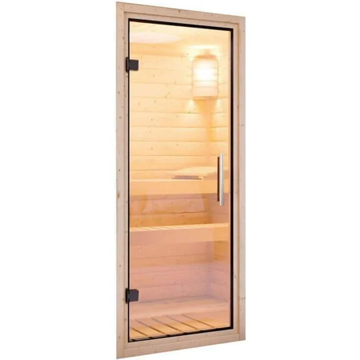 Karibu Sauna Carin mit Dachkranz + 9kW Saunaofen mit integrierter Steuerung Klarglas Ganzglastür – Bild 2
