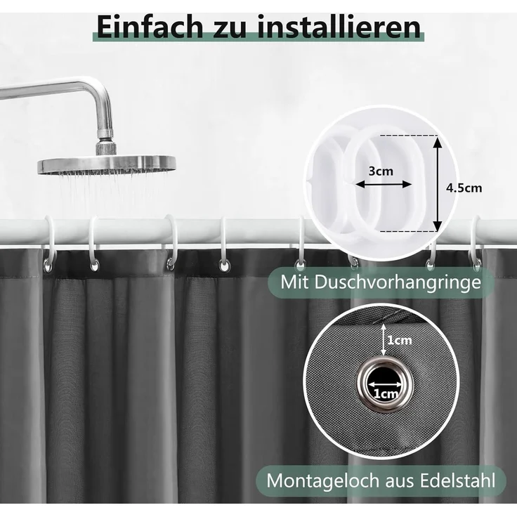 Duschvorhang 240x200cm Anti-Schimmel Badvorhang PVC Textil Dunkelgrau – Bild 4