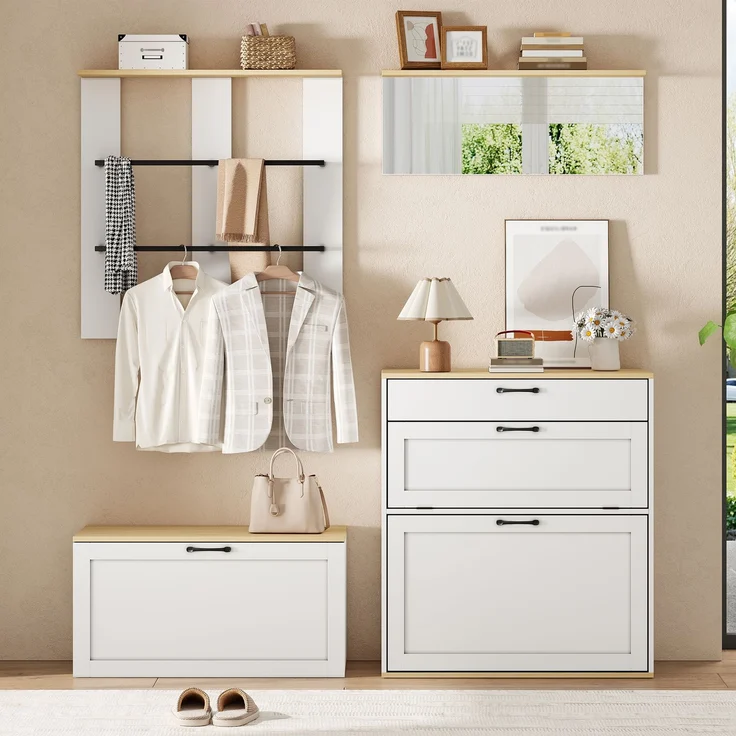 Garderoben-Set, Schrank, Schublade, Spiegel,Multifunktionale Garderobe,Schuhschrank mit Schuhbank, Kann frei kombiniert werden,Geeignet für Eingangsbereich, Wohnzimmer,Weiß + Holzton,156x36x176cm--Weiß+Natur--156x36x176cm--YOUDENOVA – Bild 2