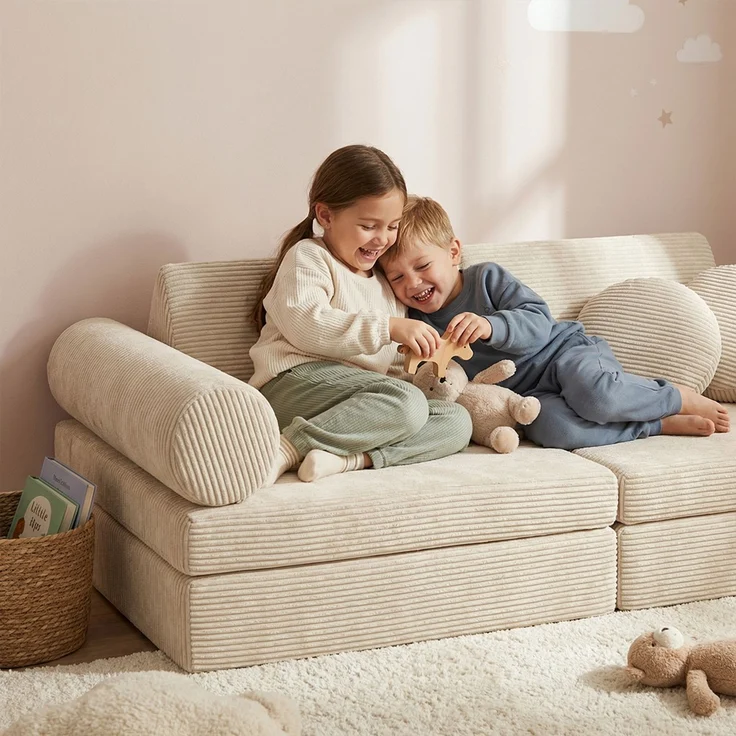 Bellabino 'Nile' Spielsofa mit Kissen und Armlehnen, 8-tlg, Cord, beige, faltbare Kindercouch, abnehmbarer & waschbarer Bezug, Kindersofa aus Schaumstoff – Bild 2