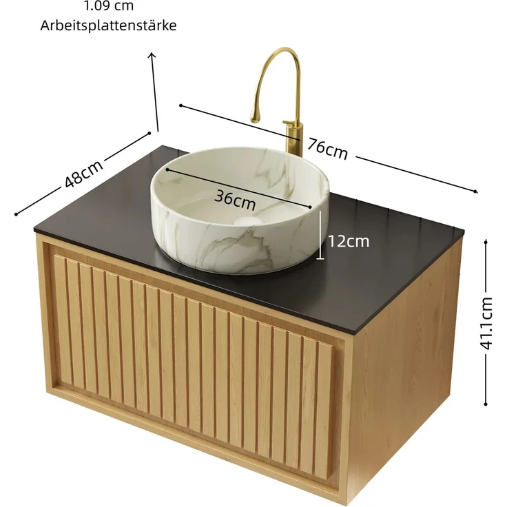 Hängender Waschtisch mit Keramik-Aufsatzbecken & Sintersteinplatte, 76x48x53,1 cm, Schwarz/Goldene Eiche/Steinweiß – Bild 3