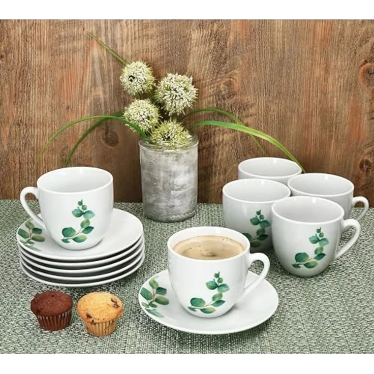 MamboCat Tasse 6er Set Eukalyptus Kaffeetassen mit Untertassen 6 Personen Porzellan, Porzellan – Bild 5