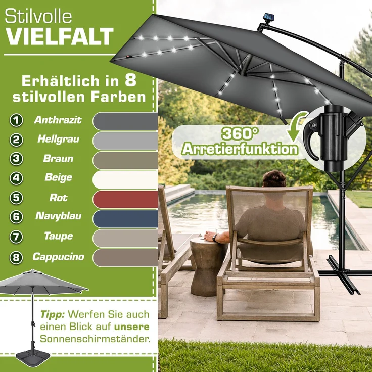 tillvex® Alu Sonnenschirm Rechteckig Ø 330 cm mit LED Solar Grau + Abdeckung mit Kurbel | Ampelschirm mit Ständer & Windschutz | Gartenschirm UV-Schutz, wasserdicht, 360° drehbar | Kurbelschirm Marktschirm – Bild 4