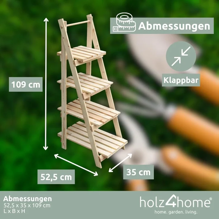 holz4home® Pflanzentreppe Pflanzleiter mit 4 Ablagen I Blumentreppe aus Tannenholz, Klappbar – Bild 6