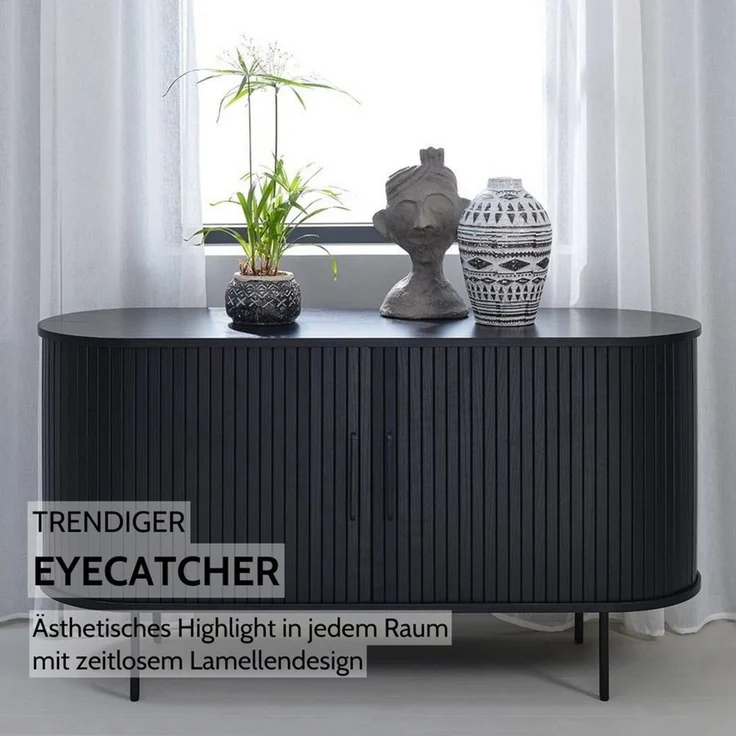 Liadomo Sideboard Uriel, Kommode, Stauraummöbel, 140 oder 180 cm Breite, Furnier in Echtholz, Schiebetüren, Lamellen-Optik, vier Farben – Bild 2