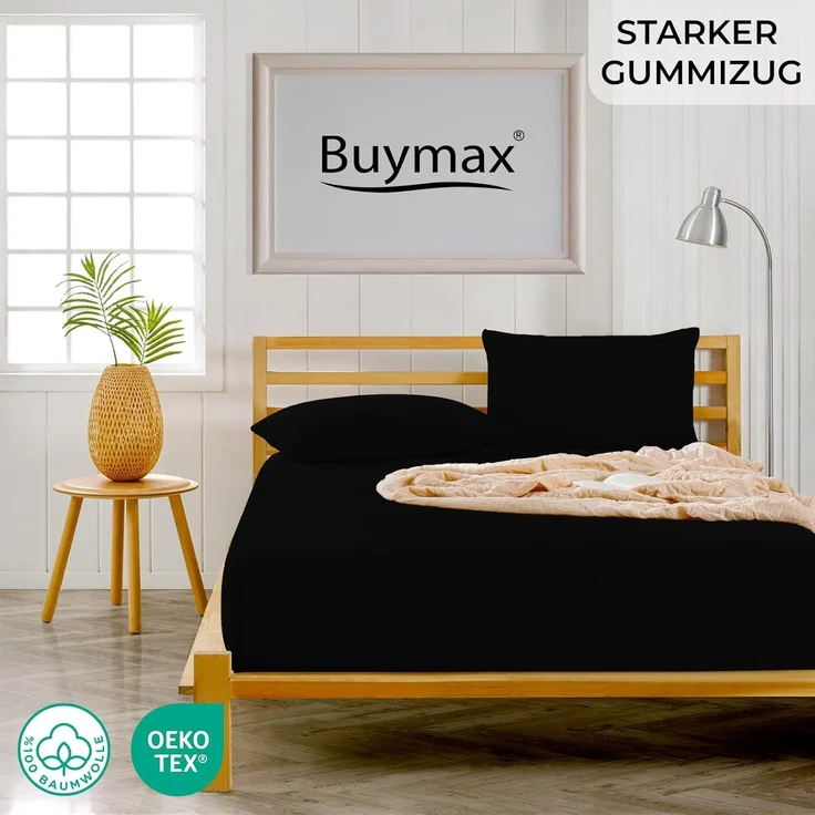 Buymax® Topper Spannbettlaken 160x200 cm Spannbetttuch 100% Baumwolle Jersey für Matratzentopper bis 12 cm Matratzenhöhe Bettlaken für Boxspringbett Topper, Schwarz – Bild 2