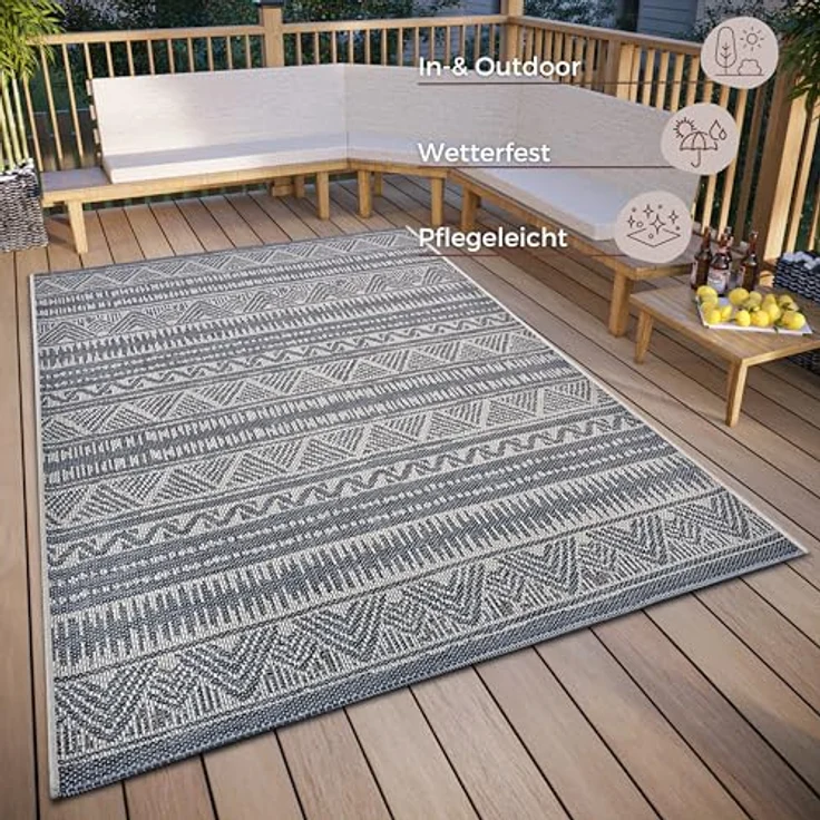 Hanse Home Loto Outdoor Teppich Wetterfest – Modernes Boho Ethno Muster Wasserfest, robuster Aussenteppich Flachgewebe für Garten, Balkon, Terrasse, Wohnzimmer – Beige, 63x120cm – Bild 2