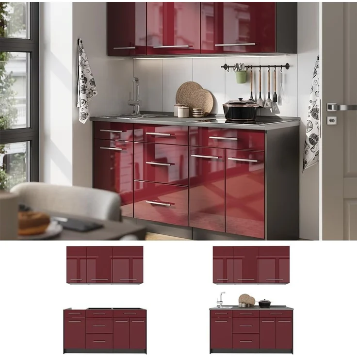 Singleküche Fame-Line Bordeaux Hochglanz/Anthrazit 150 cm, AP Eiche Vicco – Bild 7