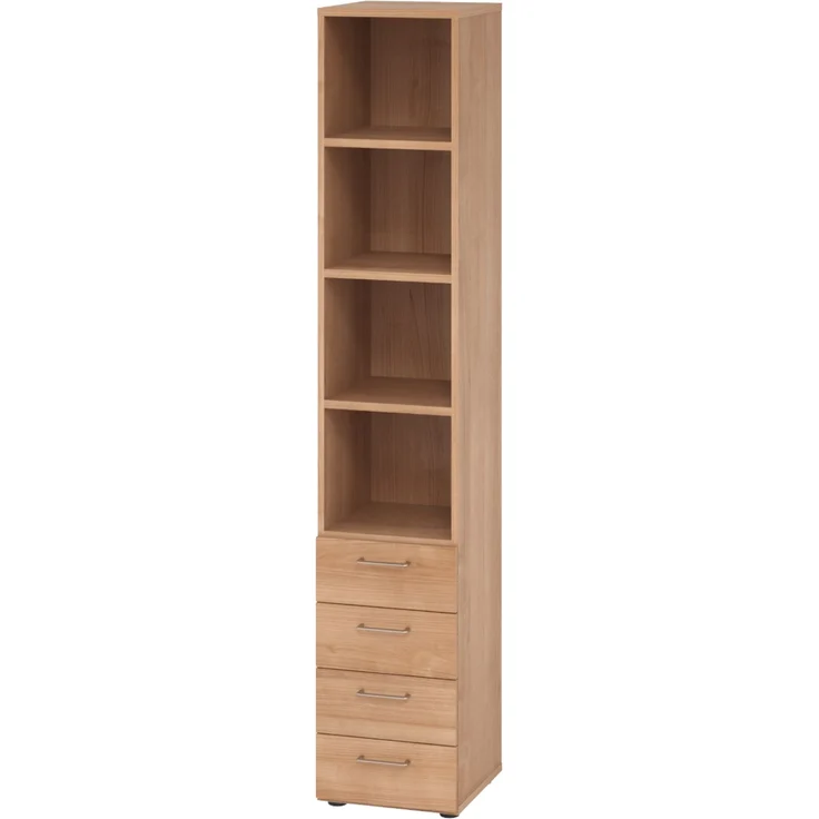 bümö smart Schubladenschrank, Büroschrank in Nussbaum mit 4 Schüben & 4 Regalfächern - Bürocontainer aus Holz, Container mit Metallgriffen & Soft-Stop Schubladen, 964S4-N-N-BS