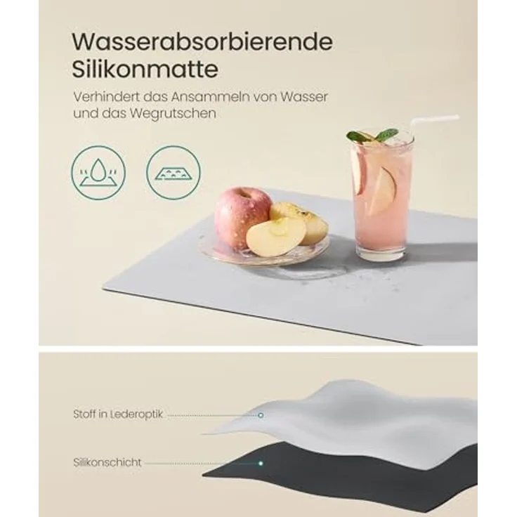 SONGMICS Abtropfgestell Geschirr, ausziehbarer Geschirr-Abtropfständer, wasserabsorbierende Silikonmatte, 360° drehbarer und ausziehbarer Ablauf, (31-56) x 42 x 20 cm, mattweiß-taubengrau – Bild 6