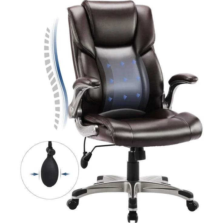 COLAMY Bürostuhl mit Hoher Rückenlehne, Ergonomischer Computer-Schreibtischstuhl, Lederstuhl mit Gepolsterten Klapparmlehnen, Verstellbarer Neigungsverschluss, Drehstuhl für Erwachsene, Braun